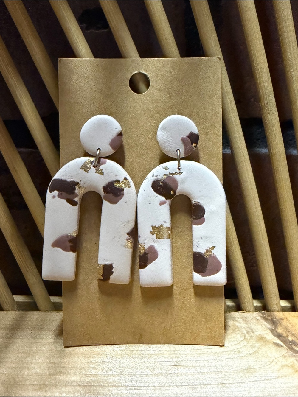 White and Brown Arch Polymer Clay Drop Handmade Earrings
